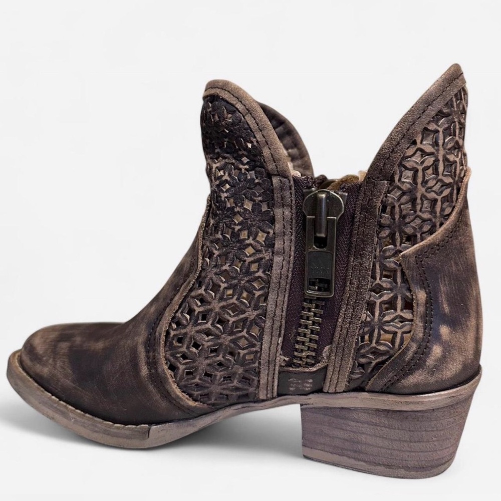 Women's Brown Perforated Leather Ankle Boots with Side Zip - Picture 2 of 7